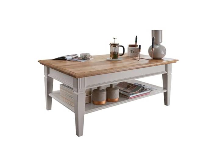 Lomadox Couchtisch 120x75cm, Kiefer weiß mit Eiche, Massivholz, montiert