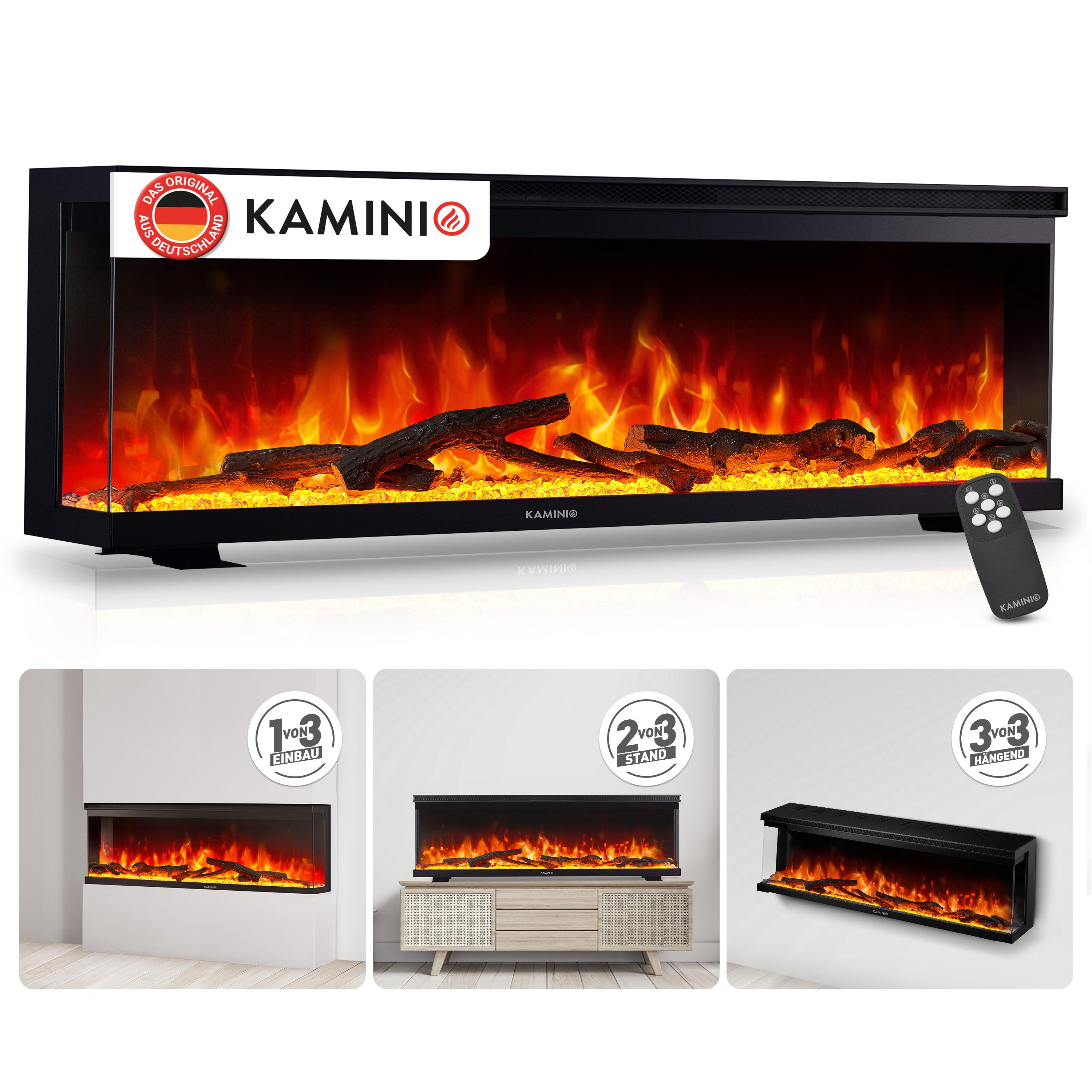 KAMINIO Elektrokamin LEA - Elektrischer 3-in-1 Kamin mit Panoramaview, Heizung, 3D-Flammeneffekt, 12 Flammenfarben, Fernbedienung - 60 Zoll