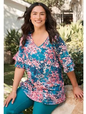 Plus Size Women's Ruffled Elbow-Sleeve Tunic by Woman Within in Deep Teal Rosette (Size 4X)