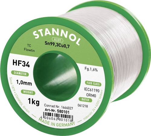 Stannol HF34 1,6% 1,0MM FLOWTIN TC CD 1000G Lötzinn, bleifrei Spule, bleifrei Sn99,3Cu0,7 ORM0 1000g 1mm