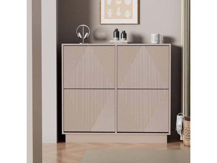 GOOBUY Meuble à Chaussures avec 4 Abattants Armoire à Chaussures avec Motif Lignes Étagère à Chaussures 100x24x91cm Cachemire