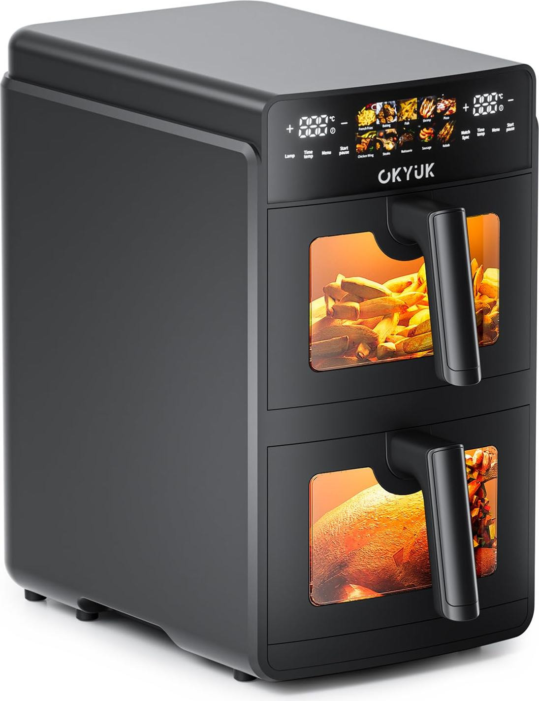 OKYUK Heeteluchtfriteuse met 2 compartimenten, 10 liter, Airfryer met 2 bakken van elk 5 liter en 10 programma's