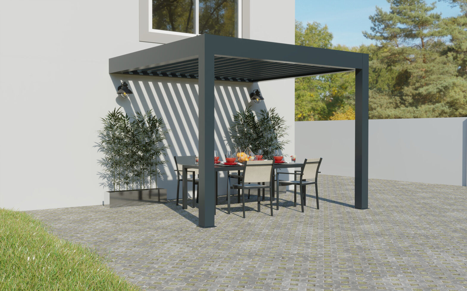 Wismar NFI Lamellen Terrassenüberdachung 400 x 341 x 266 cm grau
