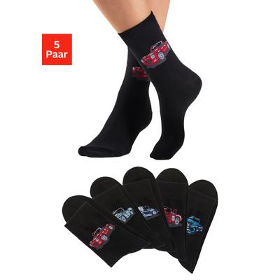 Freizeitsocken H.I.S "Damen und Herrensocken Motivsocken", Kinder, Gr. 39-42, schwarz (5x schwarz), Baumwollmischung, unifarben, elastisch, Socken, mit eingestrickten Automobil Motiven