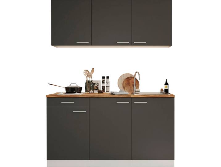 Pantryküche, Spanplatte & MDF, Grau & Eiche Sägerau Nachbildung, 150×200 cm, Mit Duo Kochfeld, Luis, Respekta