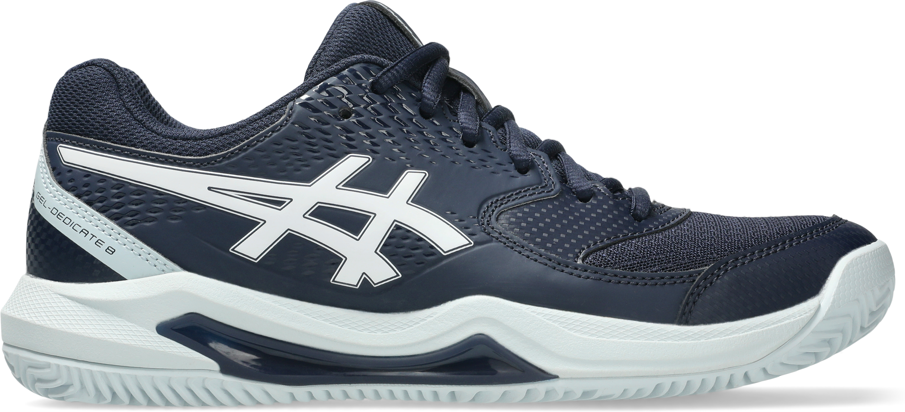 Tennisschuh ASICS "GEL-DEDICATE 8 CLAY", Damen, Gr. 39,5, midnight, weiß, Textil, Schuhe Tennisschuh, Sandplatzschuhe für Ascheplätze midnight, weiß 39,5