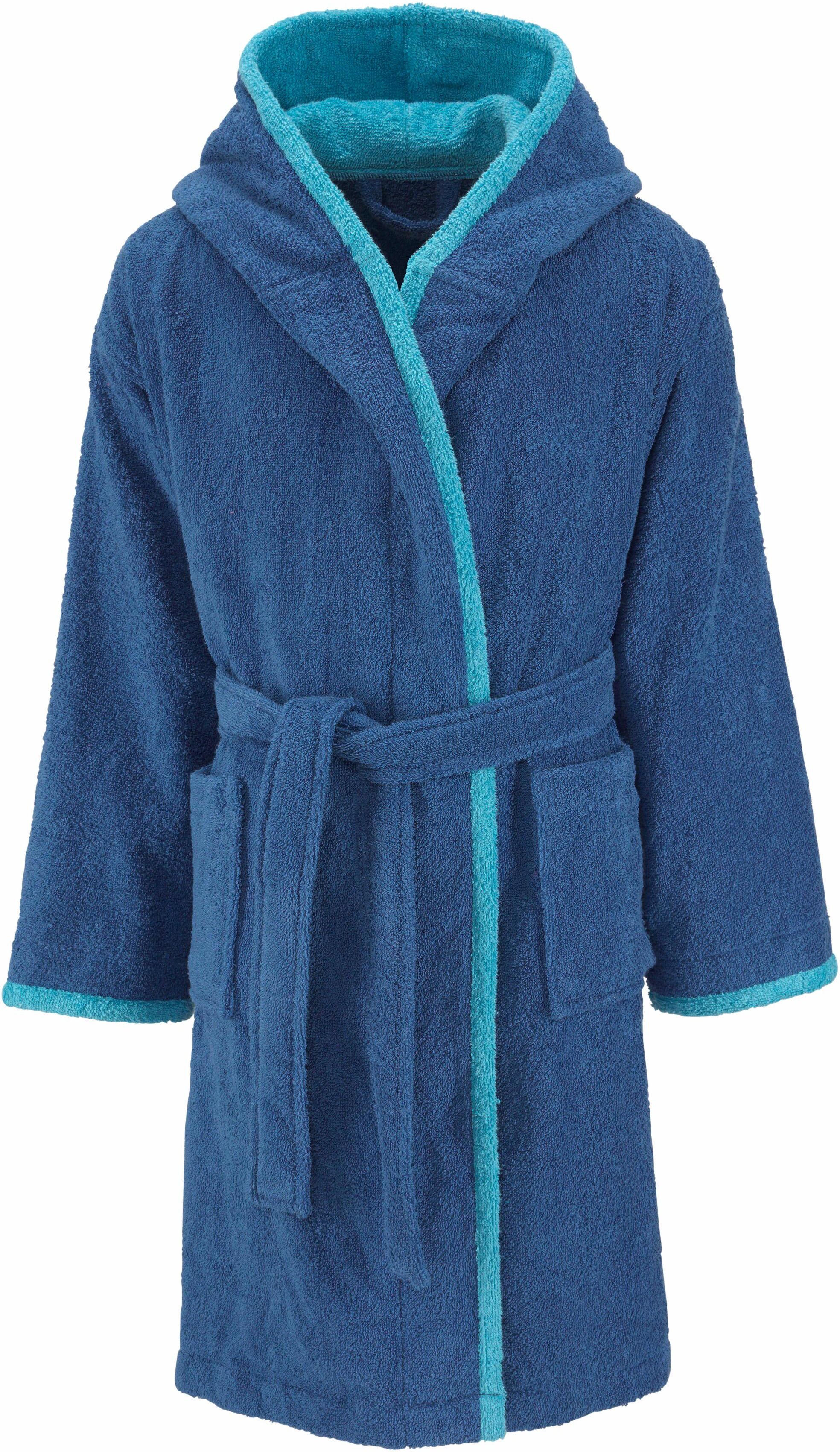 Kinderbademantel GOODPRODUCT "Timo" Gr. 116, blau, L:72cm, Walkfrottee, Hausmäntel, Kinderbademantel, Bademantel für Mädchen & Jungen aus 100% Baumwolle, mit Kapuze blau 116/122 L: 72cm