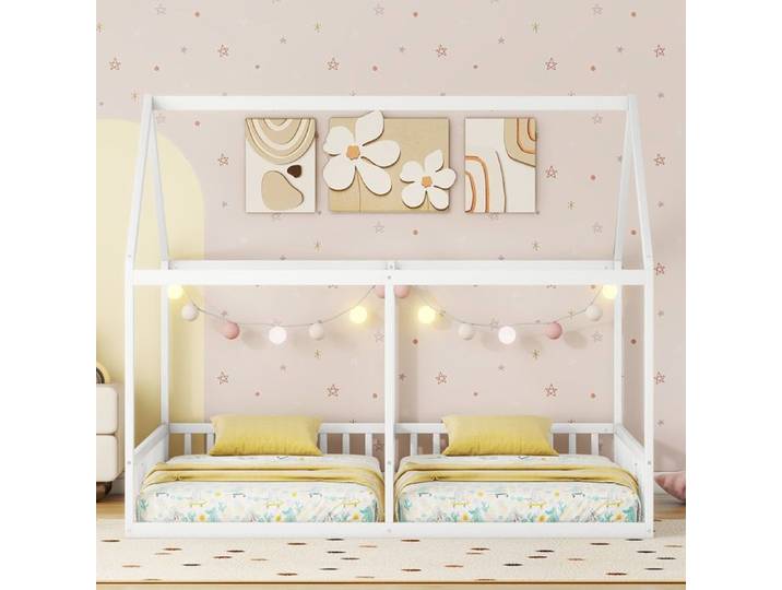 Lit 2 en 1 Maison avec Garde-corps pour Deux Enfants - Lit Maison 90x200cm Blanc - Maison en Bois avec Toit et Fenêtre