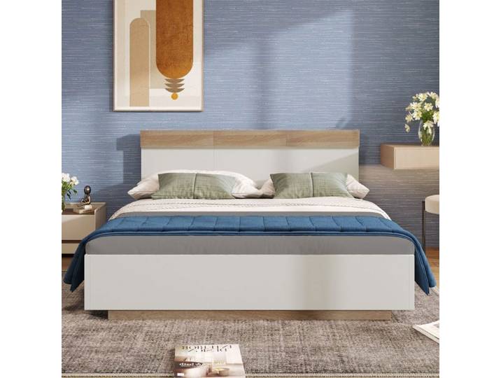 Lit double - AUTREMENT - 180 x 200 cm - Chêne Sonoma et blanc - Sommier inclus - Design contemporain