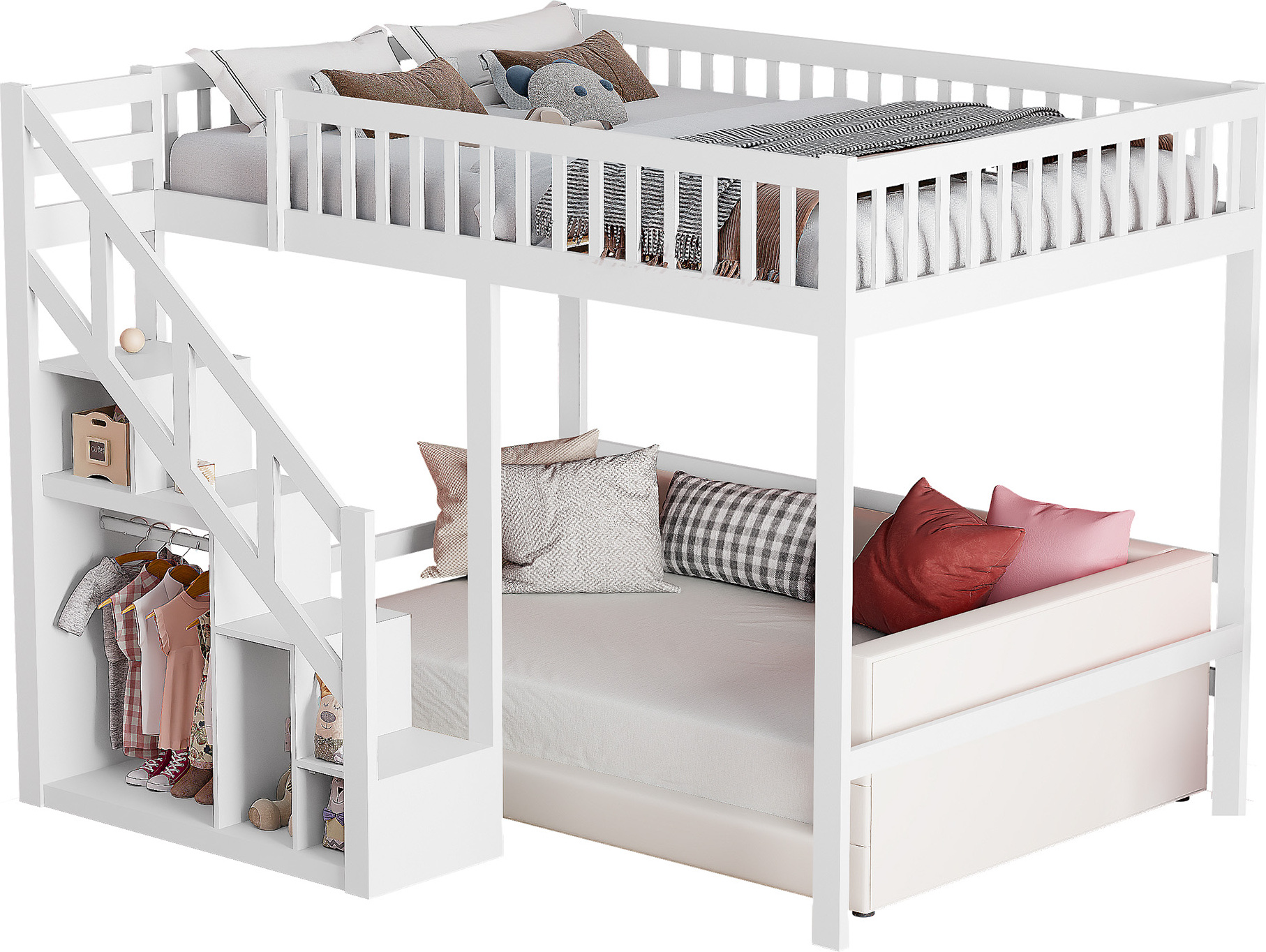 Fortuna Lai Etagenbett für Kinder 90 x 200 cm mit rechter Treppe, Kinderhochbett mit Stauraum, Schutzvorrichtung, für Jungen und Mädchen, Weiß