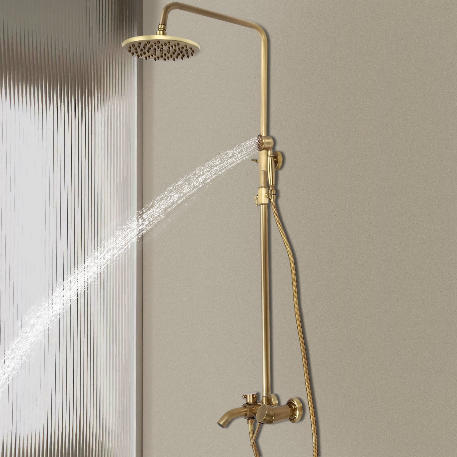 Easybuy Antiek messing douchesysteem met regendouche en handdouche, goud, hoogte verstelbaar: 0,7-1,1 m