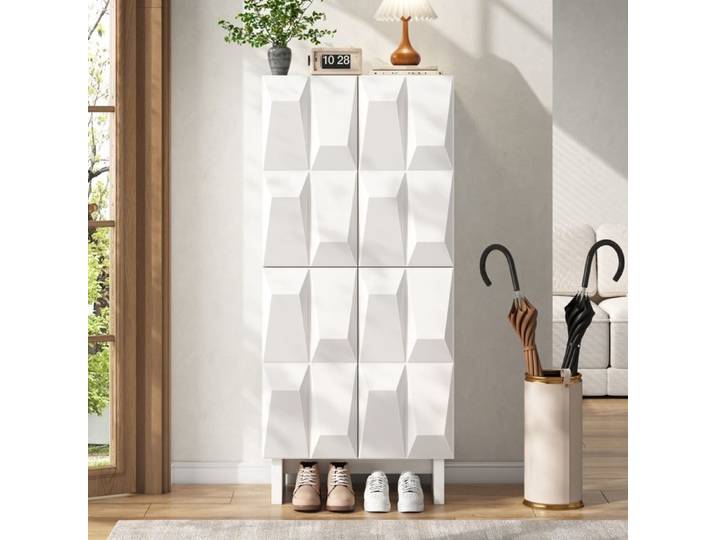 Meuble à Chaussures Buffet Haut Rangement 4 Portes Façade Losange Étagères Réglables Blanc 60 5x34x135 5 cm