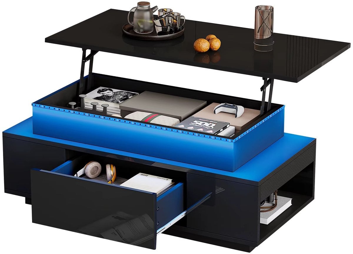 Whoopr Zwarte Salontafel met LED Verlichting en Lift-Top Mechanisme – Moderne Hoogglans Salontafel met Verborgen Opbergruimte en Lade