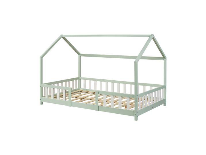 en.casa Kinderbett, »Sisimiut« Haus-Optik mit Rausfallschutz 120x200cm Mintgrün/Weiß