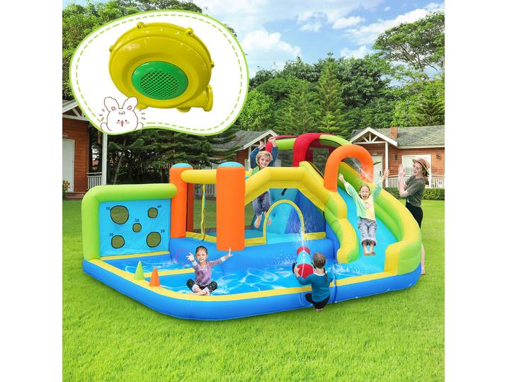 Centre de jeux multifonctionnel pour enfants, parc aquatique, combo trampoline avec toboggan aquatique, mur d'escalade, mur de lancer et panier de basket-ball