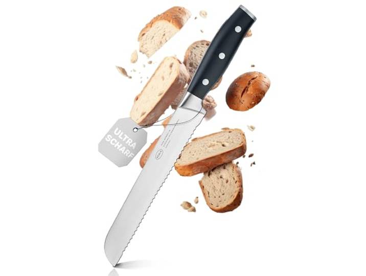 RÖSLE Brotmesser Tradition 20cm - Hochwertiges und scharfes Brotmesser mit Wellenschliff, Küchenmesser zum Schneiden von Brot, Brötchen und Baguette, Messer mit ergonomischem Griff und Fingerschutz