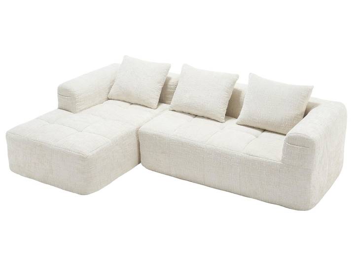 Ecksofa mit drei Sitzplätzen in beigefarbener Mikrofaser, mit Chaiselongue und seitlichen Taschen, ohne Montage