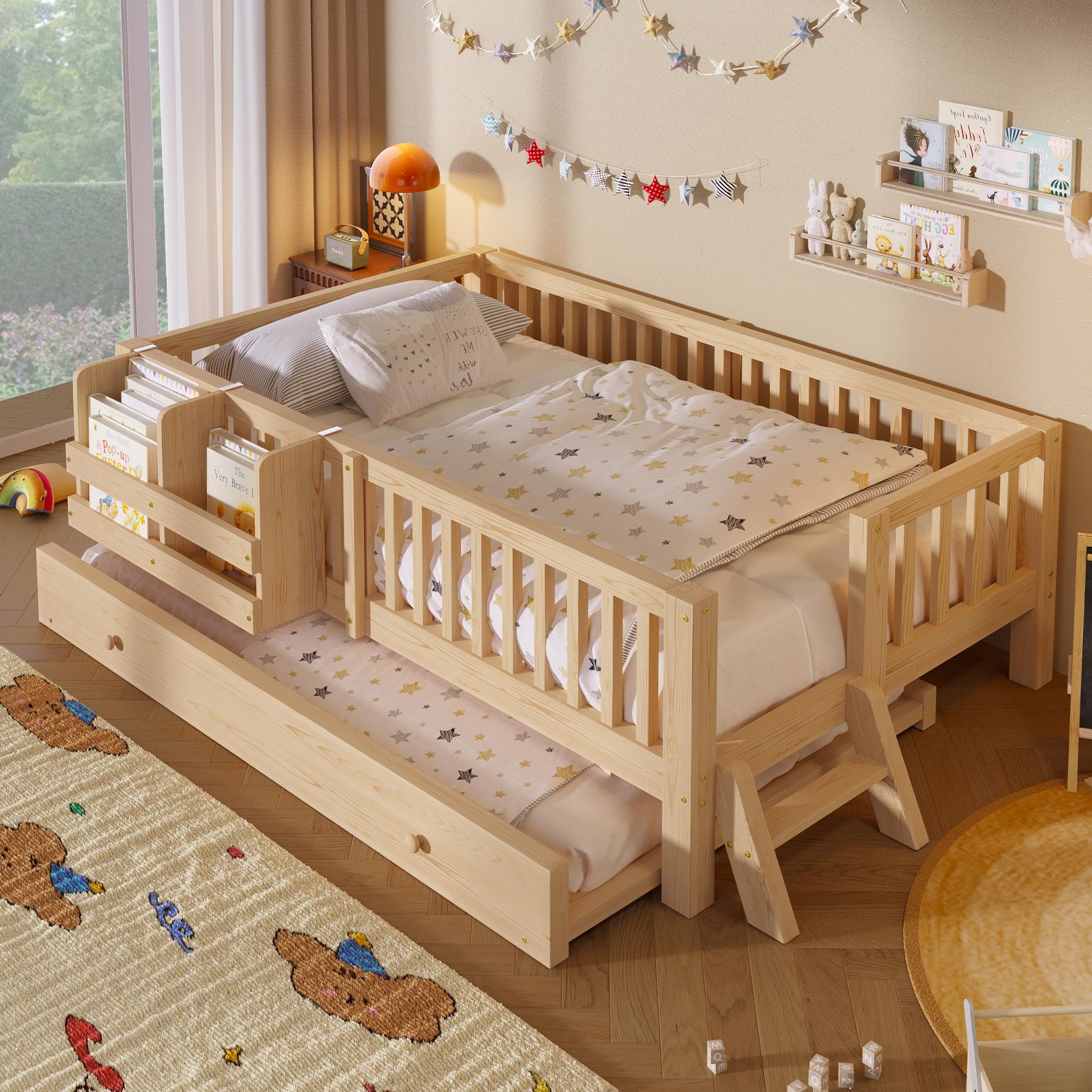STILVORA Plattformbett 90x200 cm mit einer Matratze Bettgestell aus Holz mit Schutzgeländer, Holzbett mit integriertem Tagesbett, Kinderbett Holzfarbe