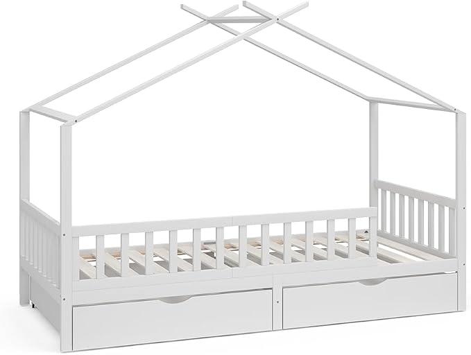 Hausbett Franka, Weiß, 90x200 cm mit 2 Schubladen, geeignet für Matratzen bis 90x200 cm und kombinierbar