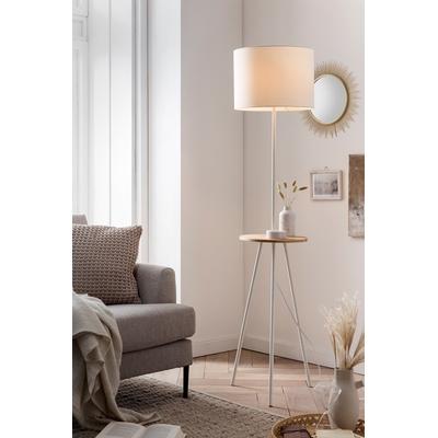 SALESFEVER Stehlampe "Carlson Skandinavischer Look mit Holztablett & stilvollem Stoffschirm", weiß, 1, Ø 35,5cm H: 152cm, 1 Stk., Leuchten, Stehleuchte mit Holztablett, Stoffschirm, 1 x E27 & Schnurschalter, Stehlampe Standleuchte