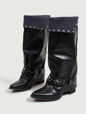 LightInthebox Women's Black Leather Star Studded Pirate Boots - Gothic Buckle Strap Knee High Boots for Halloween Costumes, Cosplay Renaissance Fairs