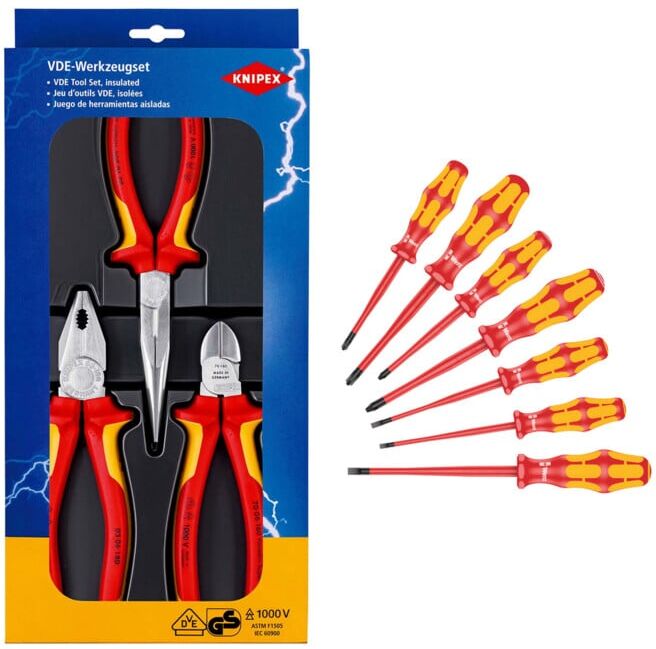 Knipex Set VDE-Zangenset Sicherheit 3-tlg. + Wera 160 iSS/7 Schraubendrehersatz Kraftform Plus Serie 100. Mit reduziertem Klingen- und Griffdurchmesser, 7-teilig