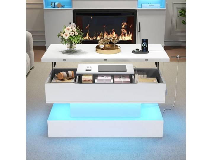 Table basse - Multifonctionnelle - LED - USB-C - Blanc - Rangement caché