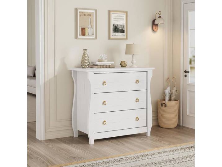 Koioplie Commode 3 tiroirs moderne en bois blanc poignées anneau métal tiroirs profonds anti-basculement
