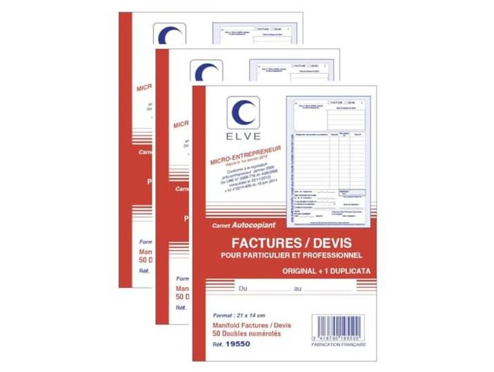 ELVE Lot de 3 Manifolds AUTO MICRO-ENTREPRENEUR Facture/Devis 21 x 14 cm Vertical 50 dupli