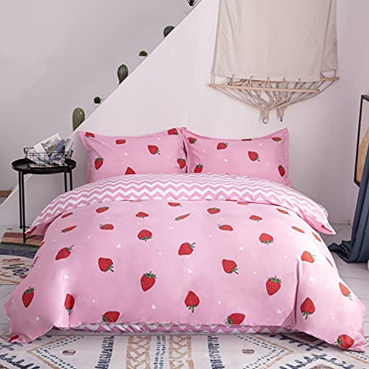 3-delige omkeerbare dekbedovertrekset met aardbeien motief voor kinderen, 200 x 200 cm