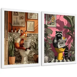 POSTER 2er-Set lustige Tierdrucke im Badezimmer, Fuchs und Waschbär-Dekorationsbilder im modernen Stil Weißer Rahmen A3