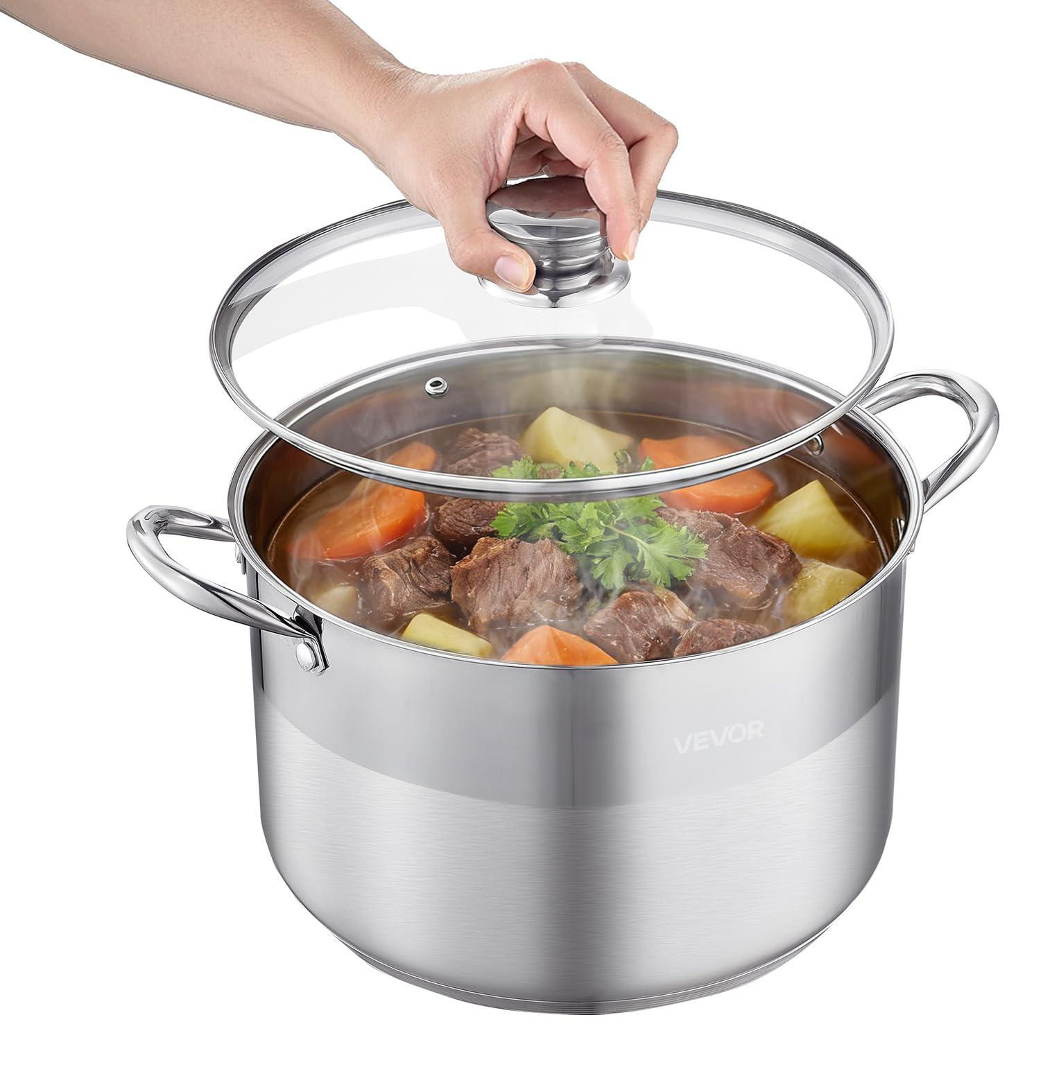Vevor Roestvrijstalen soeppan met glazen deksel, 11,4 liter, zilver