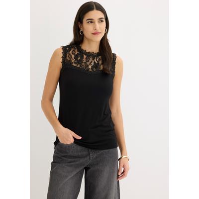 Shirttop BONPRIX, Damen, Gr. 36/38 (S), schwarz, Jersey, Obermaterial: 95% Viskose, 5% Elasthan. Spitze: 100% Polyester, unifarben, schmal hüftlang, hoch geschlossener Ausschnitt, Tops Shirttop, körperbetont, mit Spitzendetails, raffinierter...