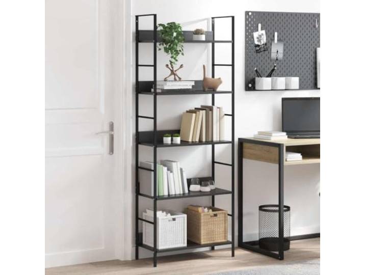 KGHERMDF Standregal 5 Regalböden Schwarz 60x27,6x158,5 cm Metallregal Industrieller Stil, Holzwerkstoff, Rostbeständig, Für Wohnzimmer Und Terrasse