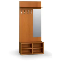 Garderobenwand PRIMO WOOD, Schuhregal + Spiegel, 4 Haken, Ablage, Holzstruktur vertikal, Kirschbaum