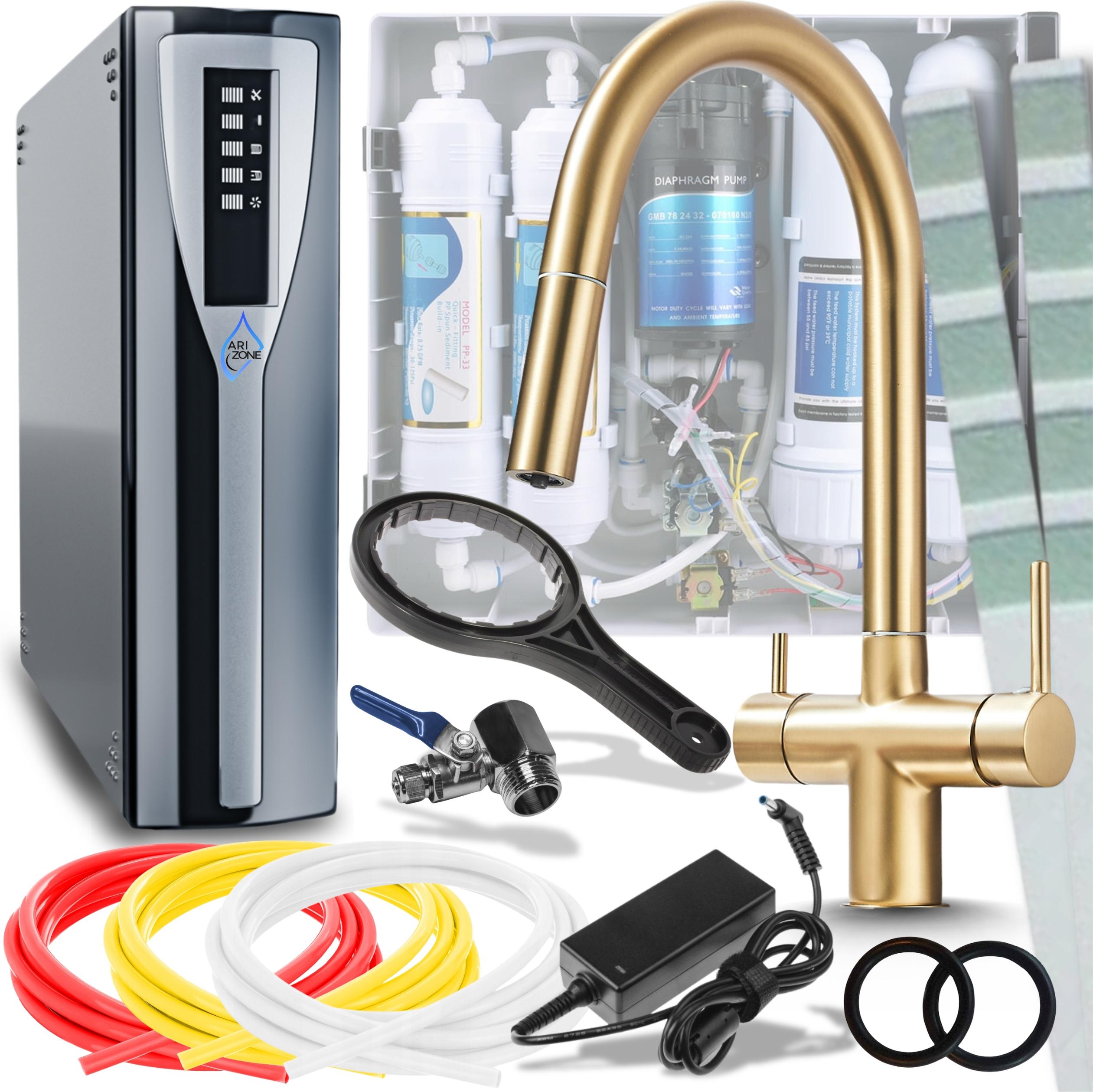Ari Slender 3-Wege Küchenarmatur Gebürstetes Gold Flexibel Ausziehbar 360° mit RO Pad Umkehrosmose Wasserfilter