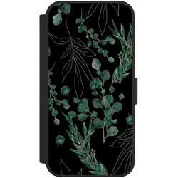Nivocase Klapphülle für Apple iPhone 16e Handyhülle aus Kunst Leder NIVOflip schwarz Blätter Natur (Apple iPhone 16e), Smartphone Hülle, Schwarz