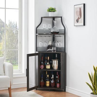 Garvee Corner Wine Cabinet, 5-Tier Industrial Bar Cabinet with Barn Door, Glass Holder, Detachable Rack