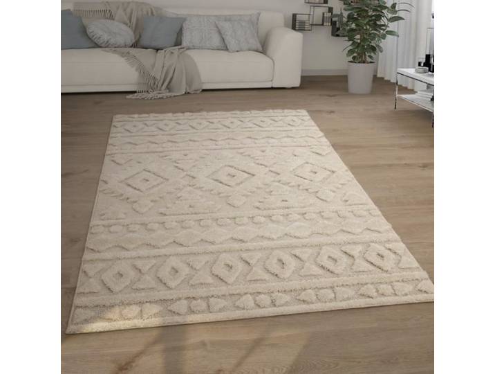 Paco Home Tapis Poils Longs Salon Shaggy Aspect 3D Ethnique Boho Look Vintage Doux Crème 160x220 cm