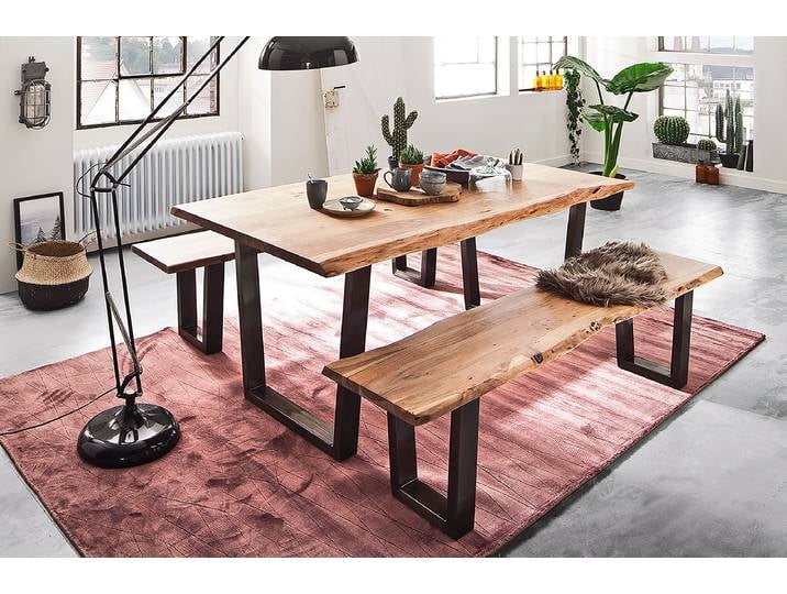Massive Baumkanten-Sitzbank 200cm Braun/Akazie Braun Trapezförmig Schwarz