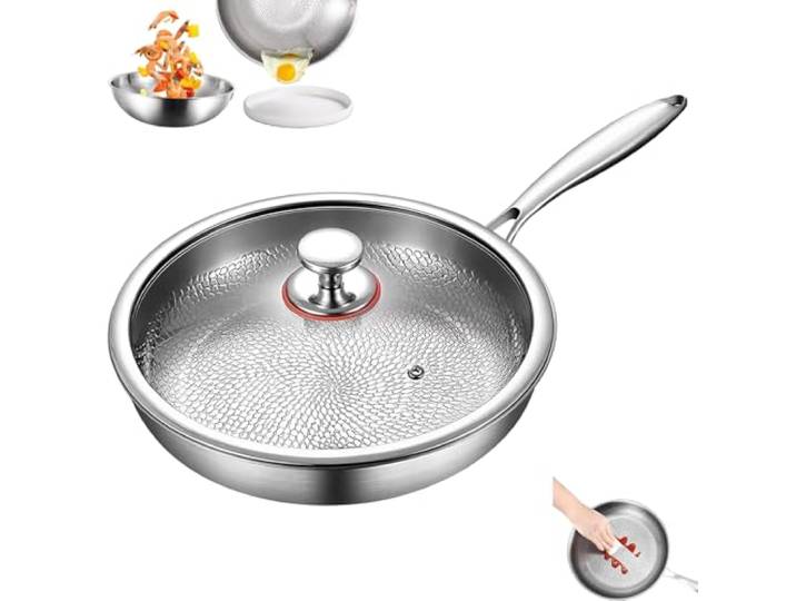 Siraatskitchen Pro Gehämmerte Titan-Pfanne Mit Deckel - Extrem Langlebig, Kratzfest, Unbeschichtet und Antihaftend - 30cm