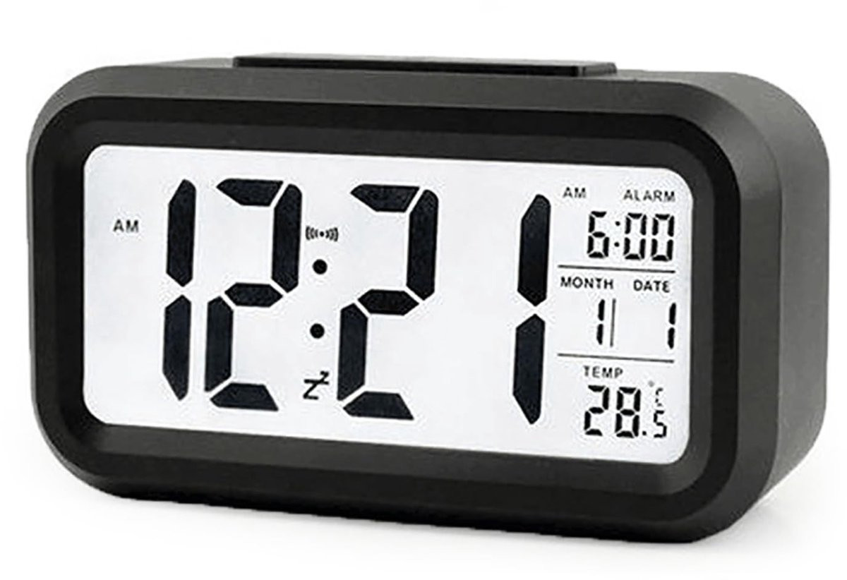 Aladdien Digitale Wekker - LCD Nachtkastjesklok met Achtergrondverlichting en Temperatuurweergave - Zwart