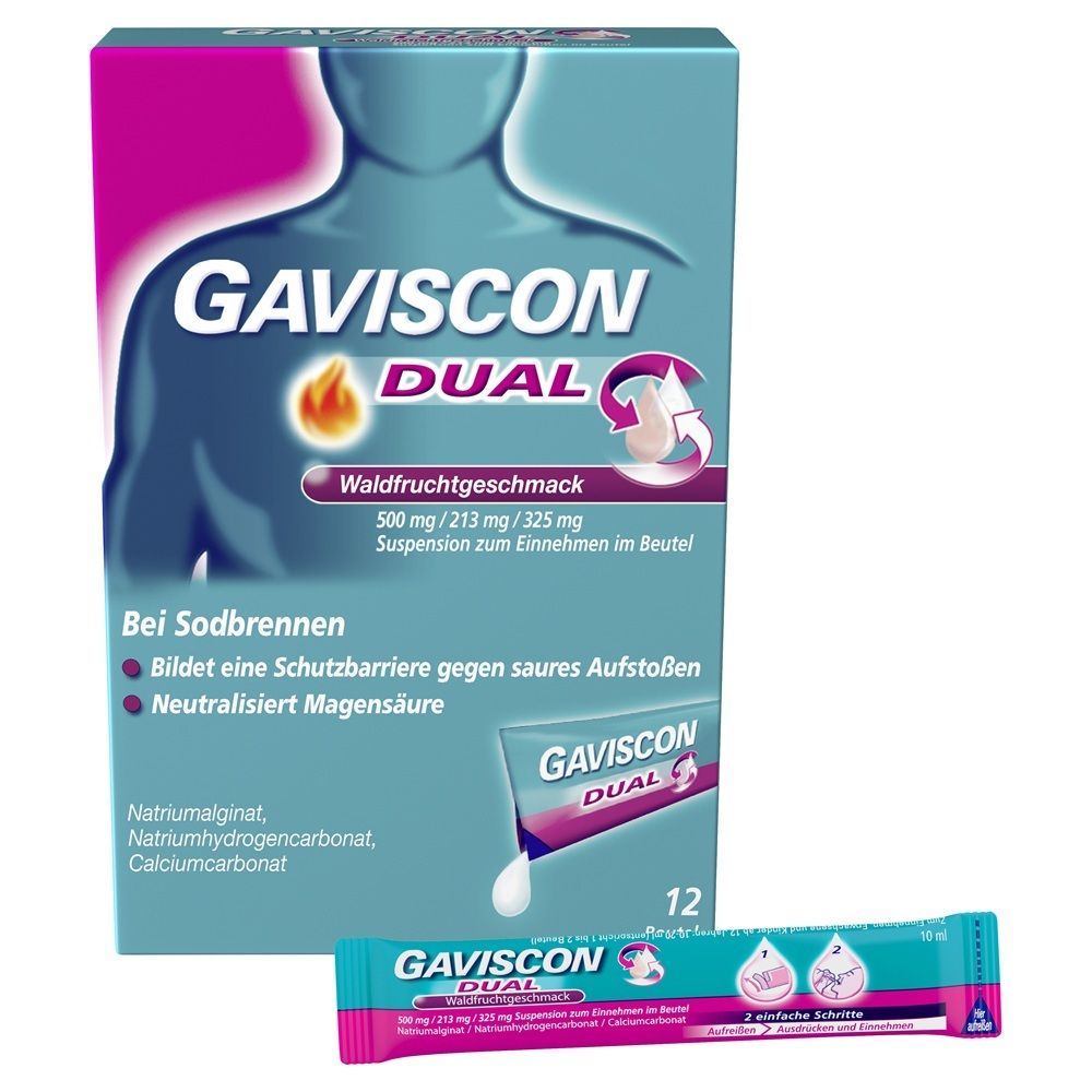 Gaviscon Dual Waldfrucht 500mg/213mg/325mg SUE 12x10 ml Suspension zum Einnehmen