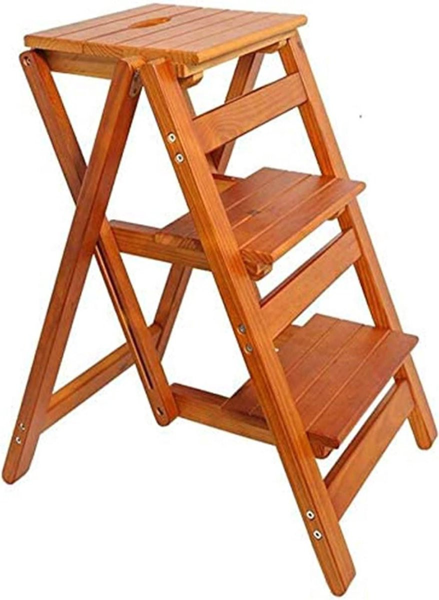 Houten opklapbare trapladder met 3 treden in houtkleur