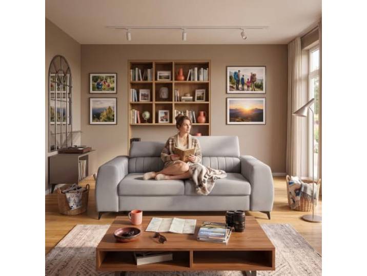 Muffo Piero S2 2-Sitzer Sofa verstellbare Kopfstützen Grau 206 cm Couch, freistehend, 2-Sitzer, Metallfüße, Velours, Element, Water Blocked, Wellenfedern, Polstermöbel