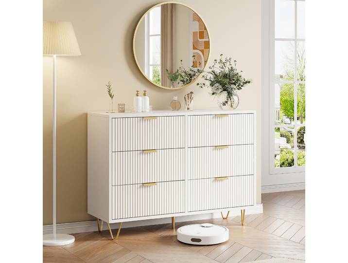 Moderne Kommode mit 6 Schubladen aus Holz und Rattan, multifunktionales Aufbewahrungsmöbel für Schlafzimmer, Wohnzimmer, Flur, elegantes und kompaktes Design
