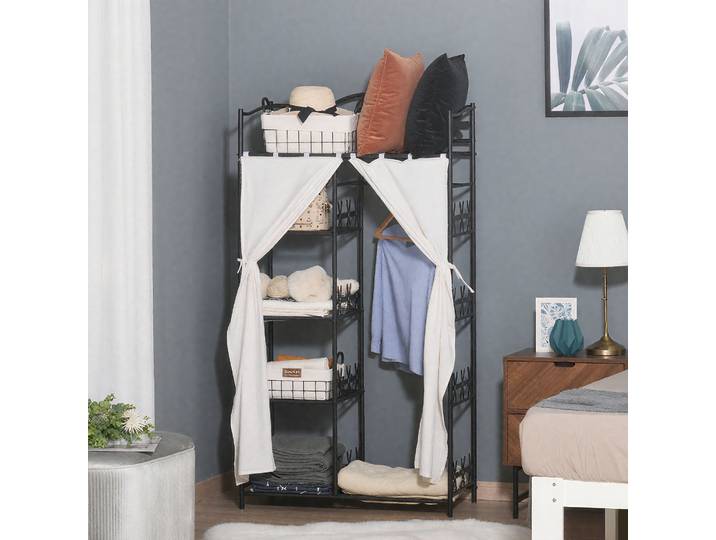 HOMCOM Armoire Métal Noir Fleurs 2 Rideaux Blanc