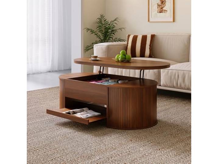 Elaimoros Anhebbarer Couchtisch, Couchtisch mit gebogenen Holzseiten, ausziehbarem Regal, anhebbarer Tischplatte, multifunktionales Wohnzimmermöbel.