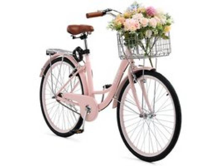 VEVOR Cruiser Fahrrad (Reifendurchmesser 660,4 mm) Beach Fahrrad mit großem Korb & Gepäckträger, Cruiser-Fahrrad mit verstellbarem Sitz, für Radfahren & Trainieren & Einkaufen Rosa