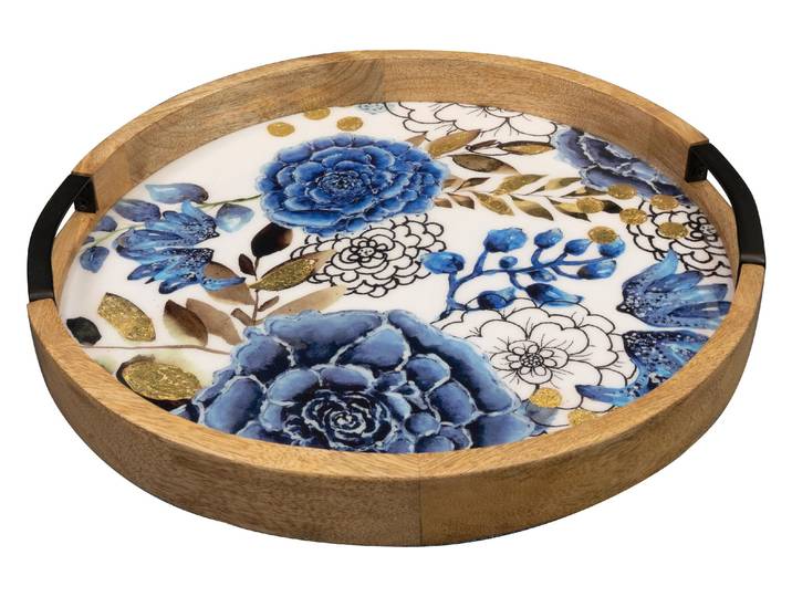 Tablett CHALET Dutch Ø 35 Blau , blau (blau, braun, weiß), B:35cm H:4cm T:35cm, Tabletts, Tablett, Holzart: Mango (Indien)